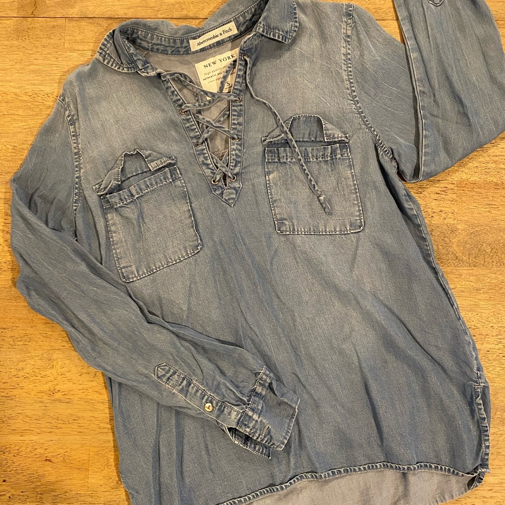 Abercrombie & Fitch Heritage Denim Pullover Lace Up Top 70s 90s Small Soft
